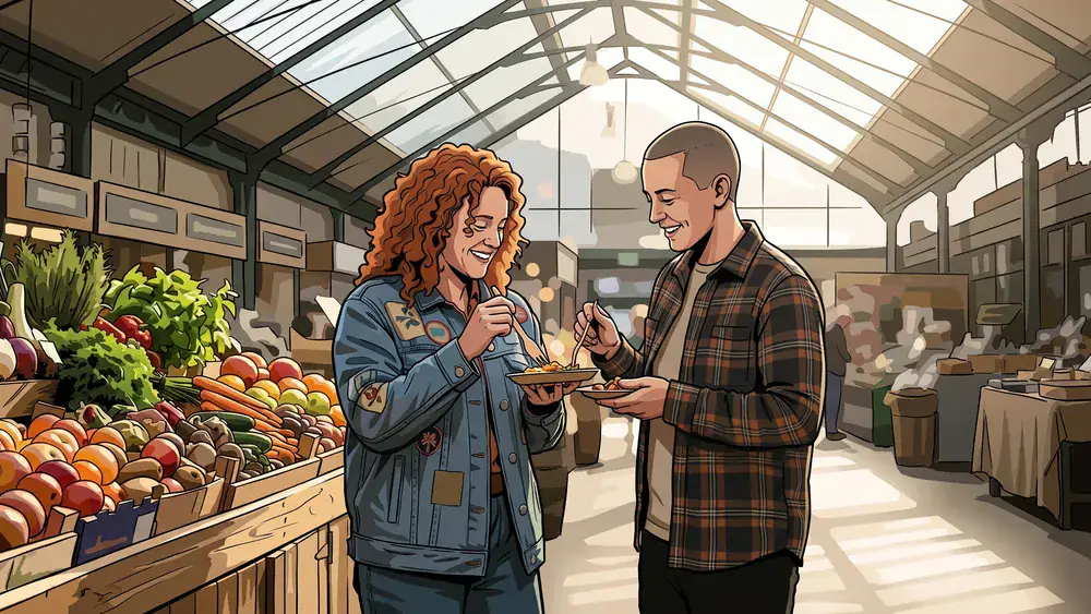 Markthalle in Hannover – Zwei Personen probieren Snacks an einem Stand unter dem Glasdach
