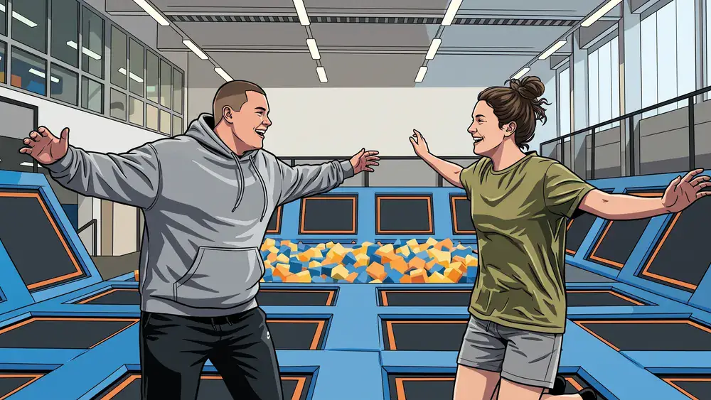 Superfly Trampolinpark in Hannover – Zwei Personen springen auf Trampolinen in einer großen Halle