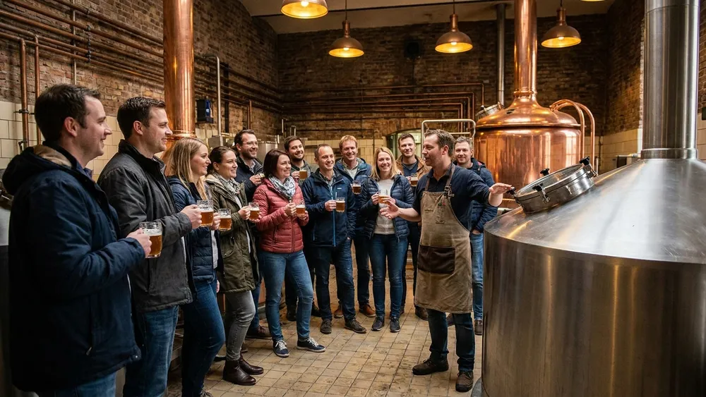 Brauereiführung in Hannover – Team verkostet Bier vor Kupferkesseln in der Privatbrauerei Herrenhausen