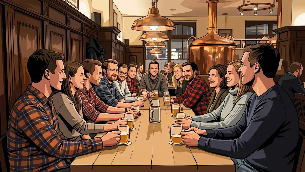 Brauhaus in Hannover – Team an langen Tischen im Brauhaus Ernst-August in der Innenstadt
