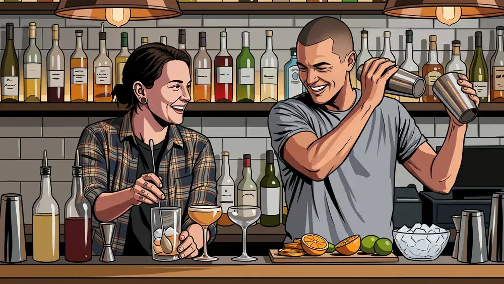 Cocktailkurs in Hannover – Team mixt Cocktails an einer Bar unter Anleitung