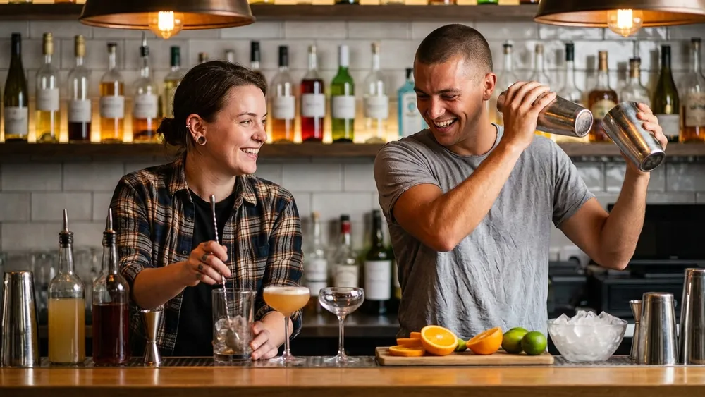 Cocktailkurs in Hannover – Team mixt Cocktails an einer Bar unter Anleitung