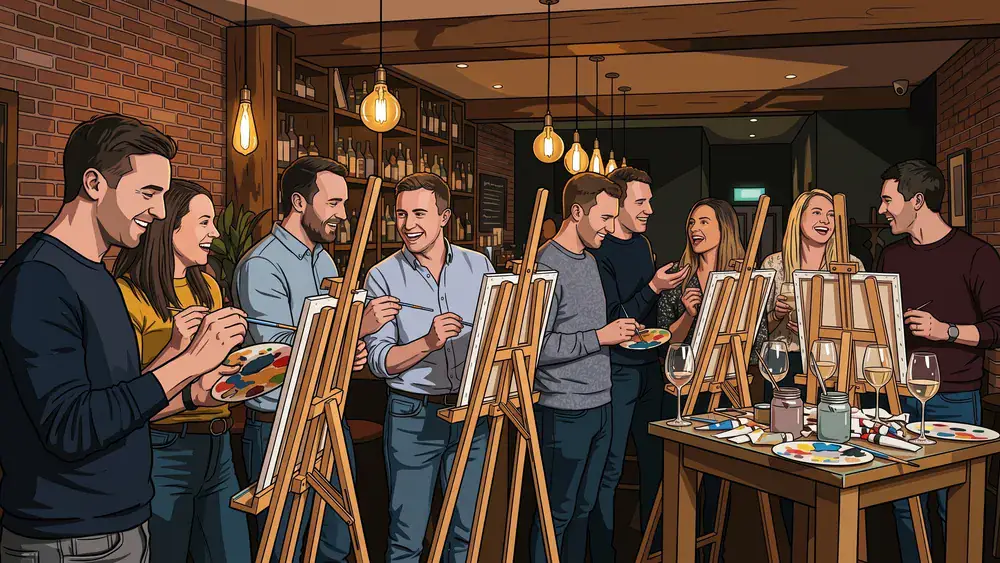 Painting Party in Hannover – Team malt an Staffeleien mit Wein in gemütlicher Bar-Atmosphäre