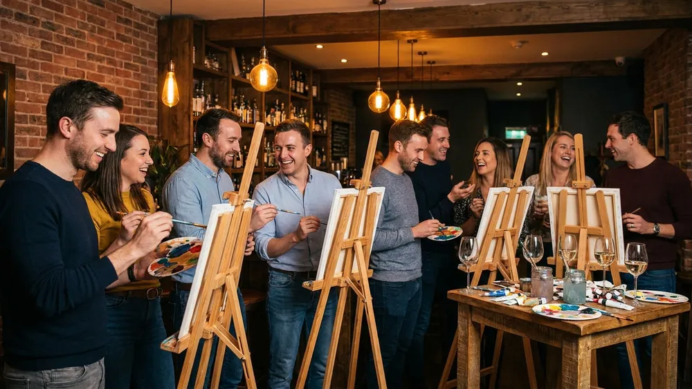 Painting Party in Hannover – Team malt an Staffeleien mit Wein in gemütlicher Bar-Atmosphäre