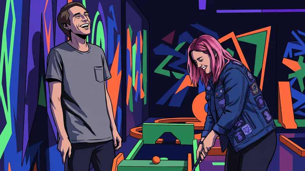 Schwarzlicht Minigolf in Hannover – Team spielt mit 3D-Brillen Minigolf in leuchtender Neonwelt