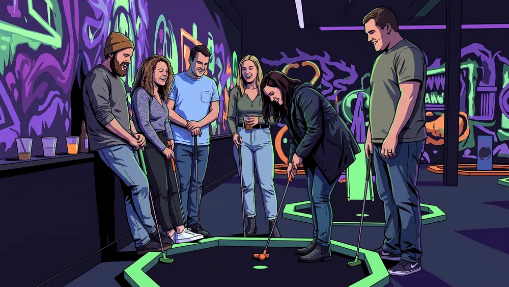 Schwarzlicht-Minigolf in Hannover – JGA-Gruppe spielt auf einer neonbeleuchteten Bahn