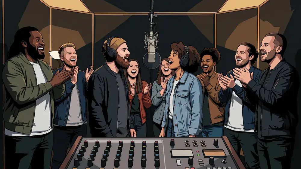 Tonstudio in Hannover – JGA-Gruppe singt gemeinsam einen Song am Studiomikrofon ein
