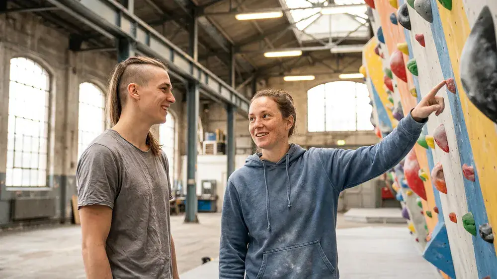 BETA Boulderhalle in Hannover – Zwei Personen vor einer bunten Boulderwand im umgebauten Güterbahnhof