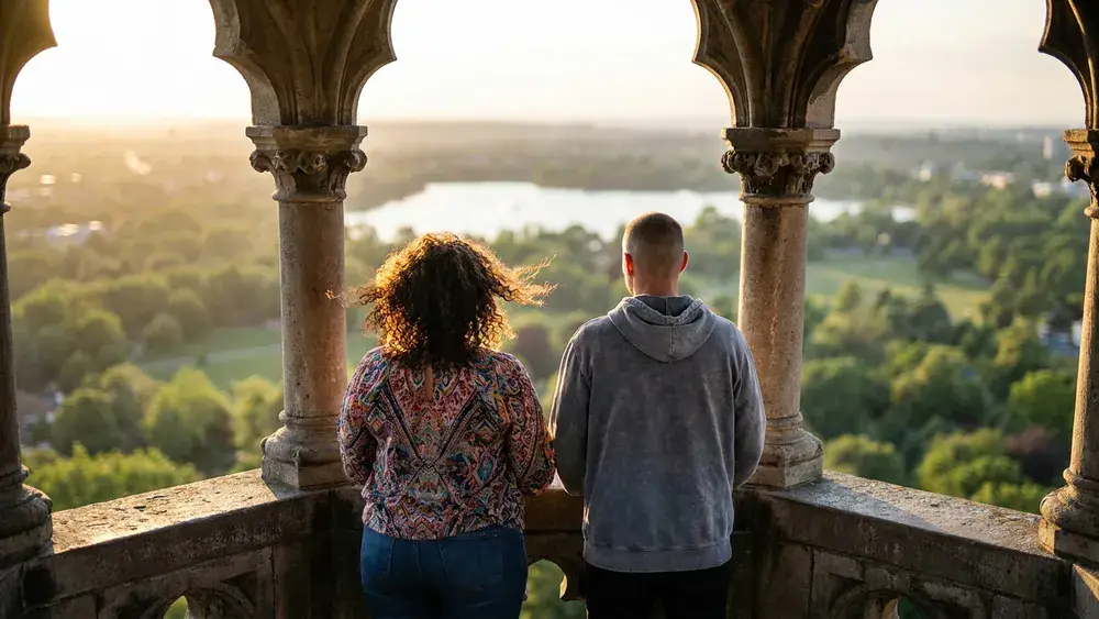 Bogenaufzug Neues Rathaus Hannover – Zwei Personen auf der Kuppelplattform mit Blick über Maschsee und Stadt