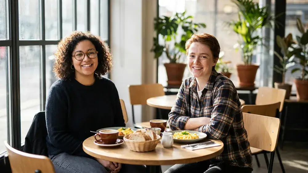 Café Mezzo in Hannover – Zwei Personen frühstücken bei natürlichem Licht am Fensterplatz