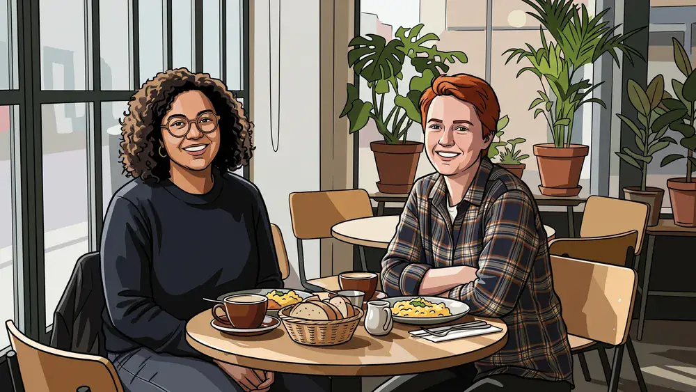 Café Mezzo in Hannover – Zwei Personen frühstücken bei natürlichem Licht am Fensterplatz