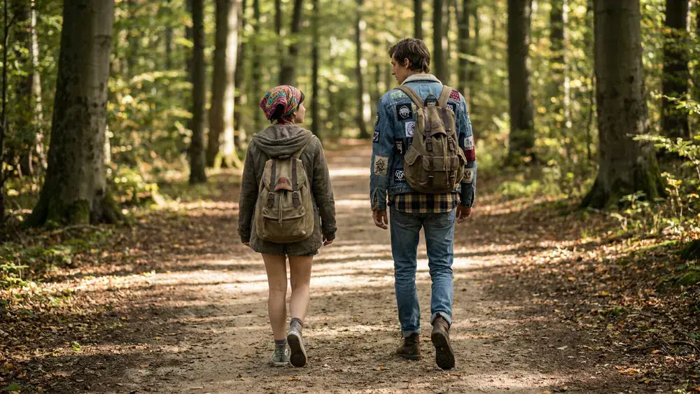Eilenriede in Hannover – Zwei Personen spazieren auf einem Waldweg unter hohen Bäumen