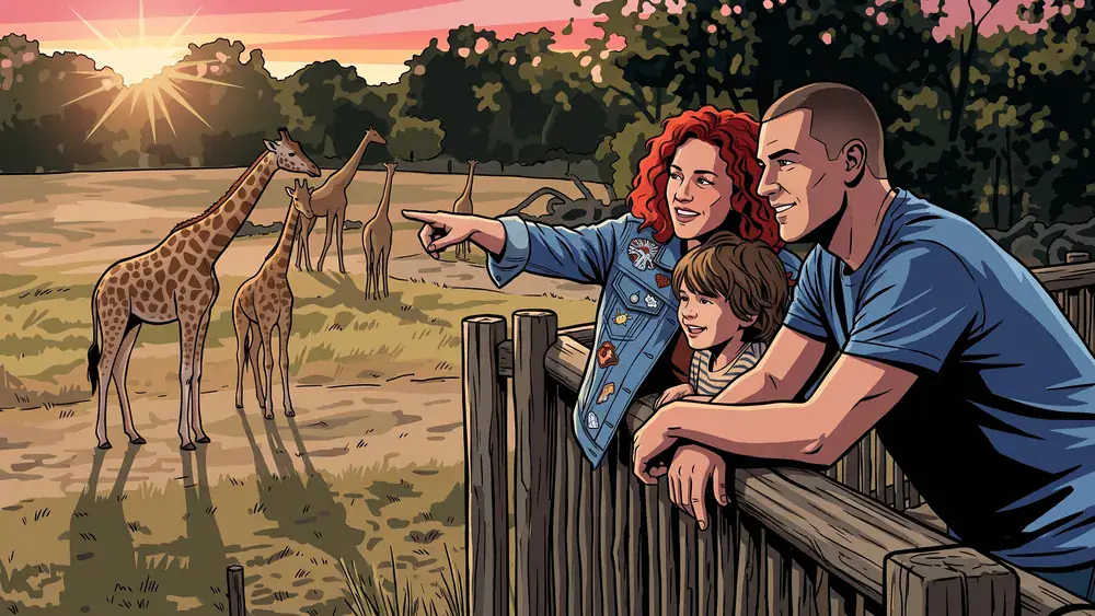 Erlebnis-Zoo Hannover – Familie beobachtet Giraffen in der Savanne Sambesi