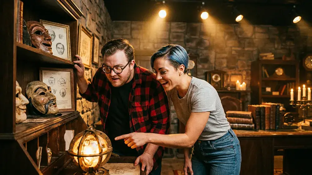 Escape Room Hidden in Hannover – zwei Personen lösen gemeinsam Rätsel in einem thematisch gestalteten Raum