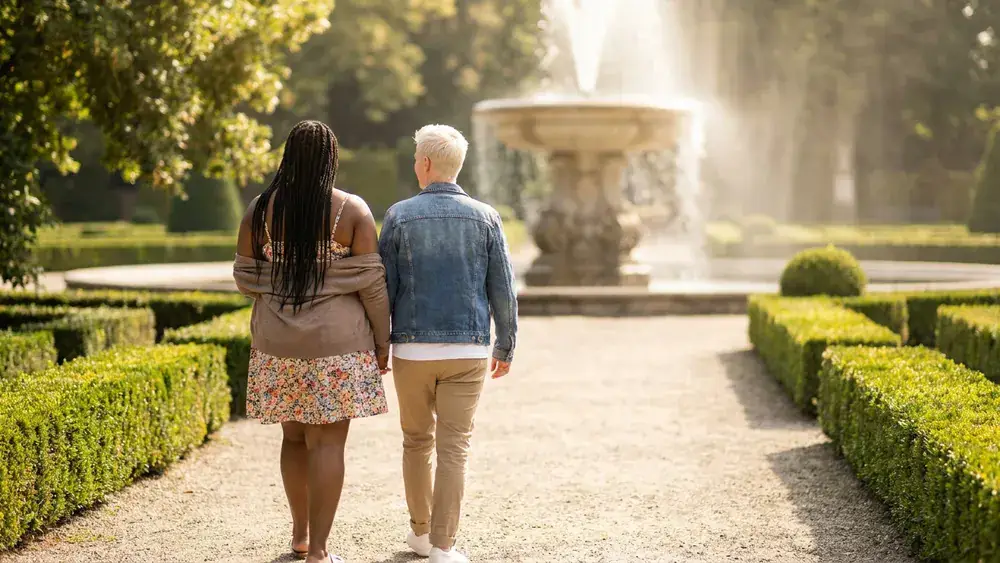 Herrenhäuser Gärten in Hannover – Zwei Personen spazieren durch den barocken Großen Garten mit Fontäne im Hintergrund