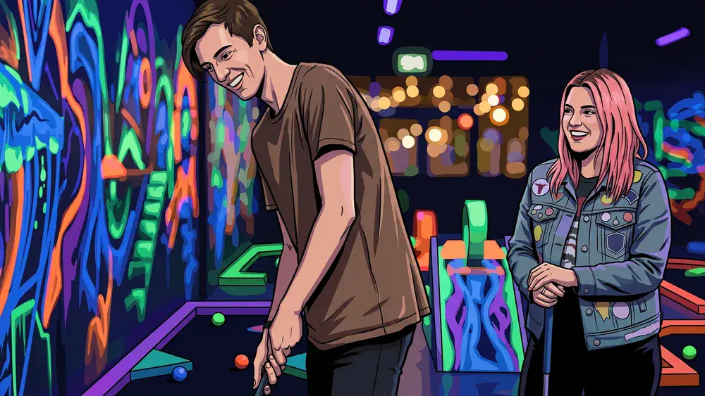 NeonGolf Schwarzlicht Minigolf in Hannover – Zwei Personen spielen unter UV-Licht