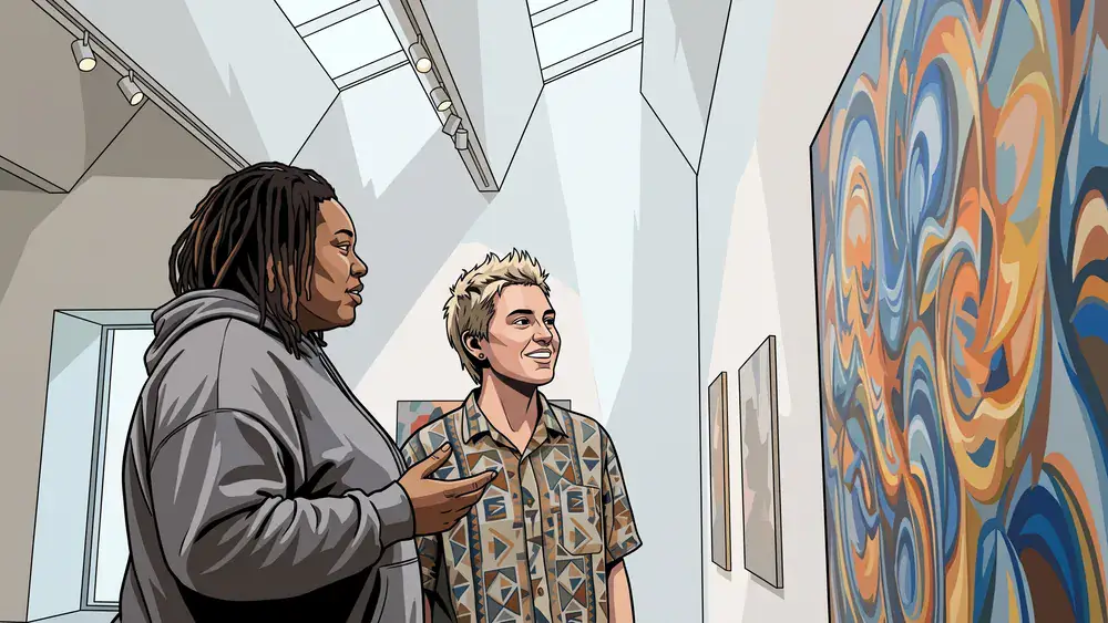 Sprengel Museum in Hannover – Zwei Personen betrachten moderne Kunst in einer hellen Galerie
