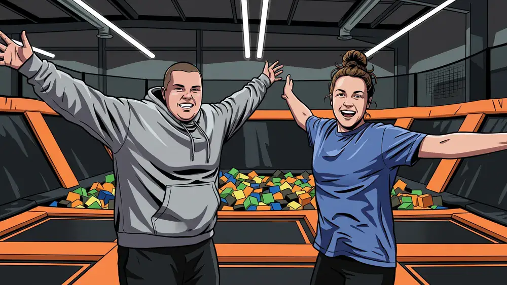 Superfly Trampolinpark in Hannover – Zwei Personen springen auf vernetzten Trampolinen