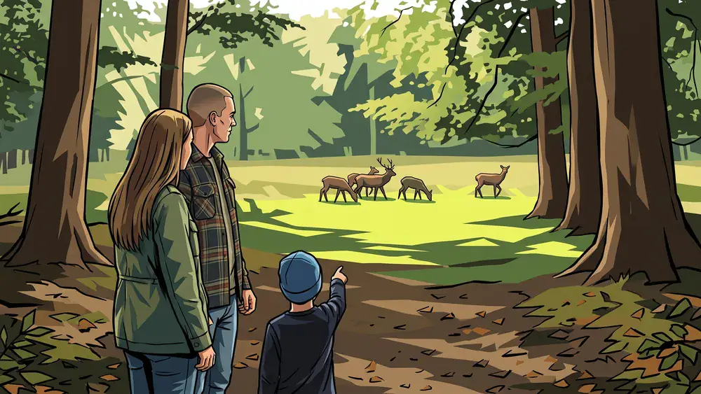 Tiergarten Hannover – Familie beobachtet Rothirsche auf einer Waldlichtung