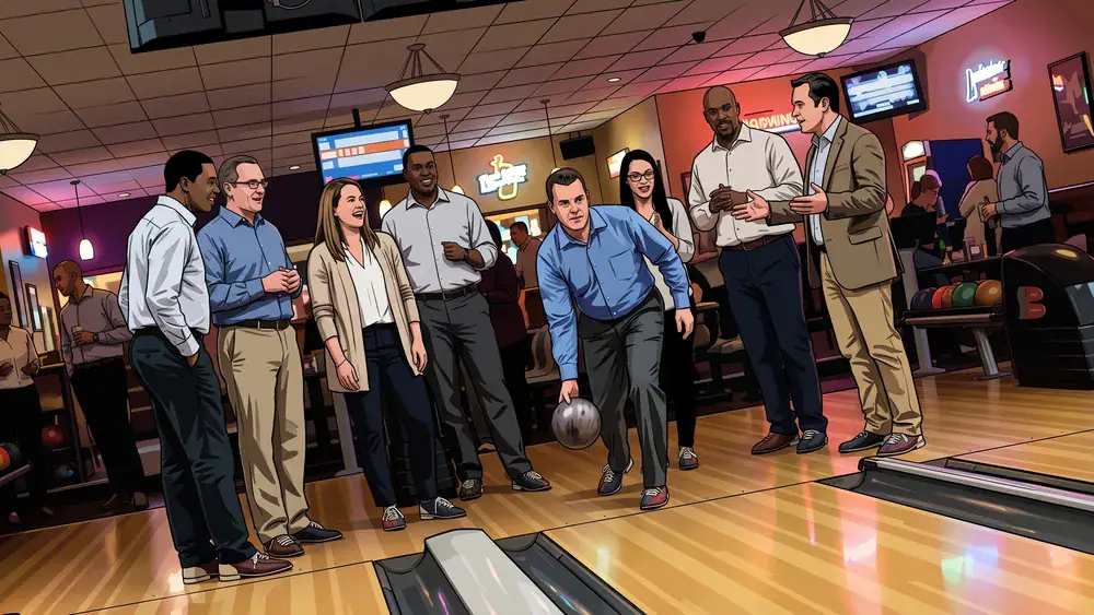 Bowling in Hannover – Team feuert an einer Bahn bei TOMS Bowling einen Wurf an