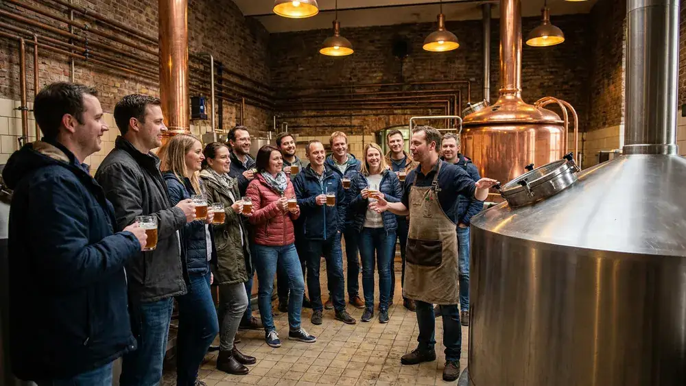 Brauereiführung in Hannover – Team verkostet Bier vor Kupferkesseln in der Privatbrauerei Herrenhausen