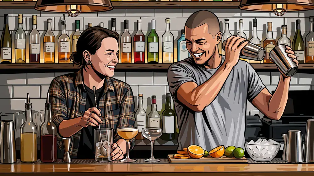 Cocktailkurs in Hannover – Team mixt Cocktails an einer Bar unter Anleitung