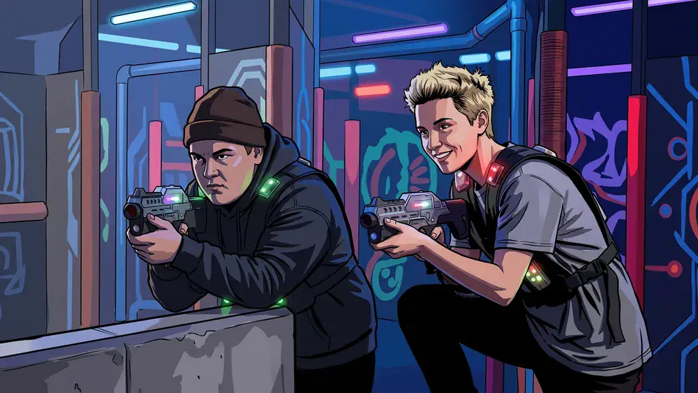 Lasertag in Hannover – Team in tactical vests spielt in einer dunklen Neon-Arena
