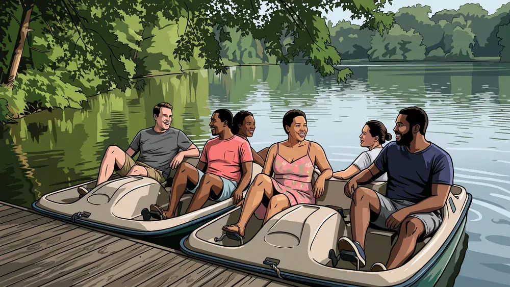 Tretboot auf dem Maschsee in Hannover – Kollegen fahren auf mehreren Booten über das Wasser