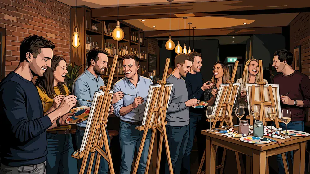 Painting Party in Hannover – Team malt an Staffeleien mit Wein in gemütlicher Bar-Atmosphäre