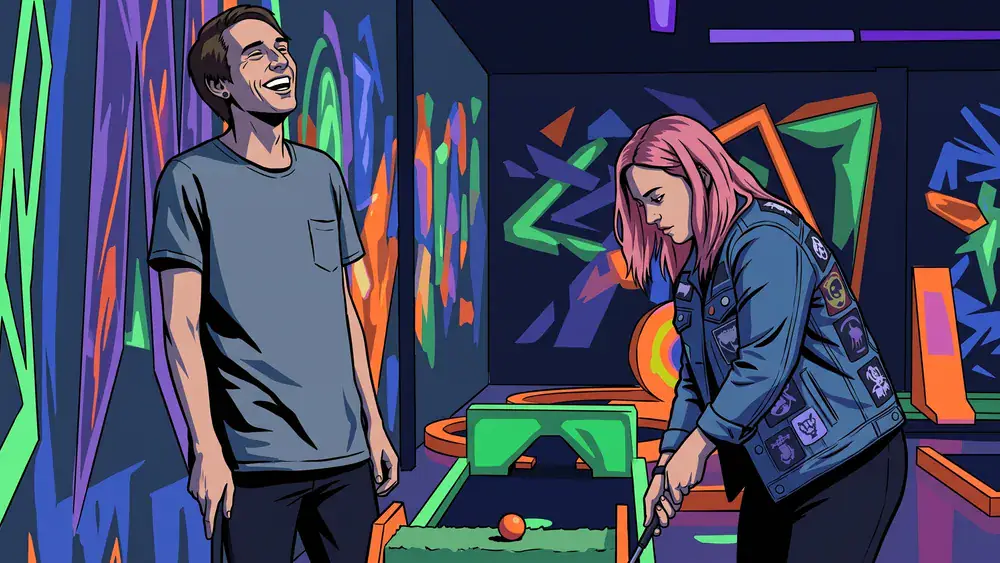 Schwarzlicht Minigolf in Hannover – Team spielt mit 3D-Brillen Minigolf in leuchtender Neonwelt