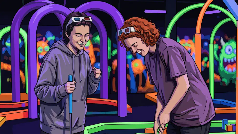 Schwarzlicht Minigolf in Hannover – Schüler spielen Minigolf auf leuchtenden Neon-Bahnen