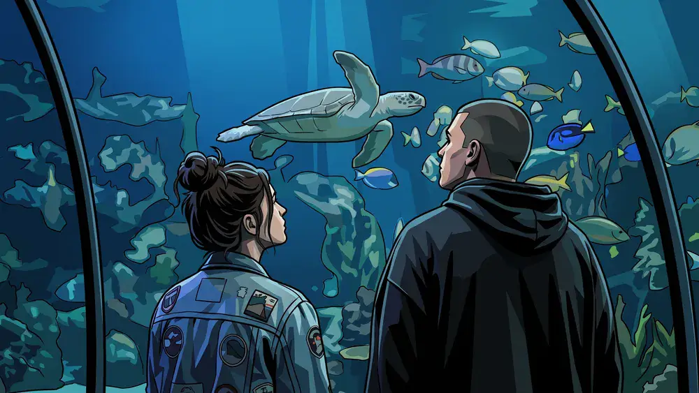 SEA LIFE Hannover – Schüler stehen staunend vor einem großen Aquariumbecken mit tropischen Fischen