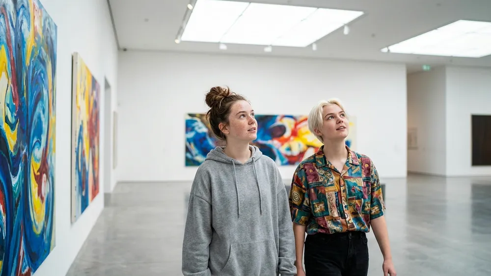 Sprengel Museum in Hannover – Schüler betrachten moderne Kunst in einer hellen Galerie