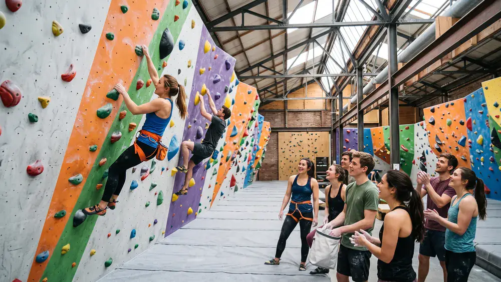 BETA Boulderhalle in Hannover – Kollegen bouldern in einer großen Halle im umgebauten Güterbahnhof