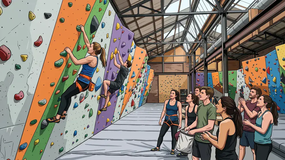 BETA Boulderhalle in Hannover – Kollegen bouldern in einer großen Halle im umgebauten Güterbahnhof