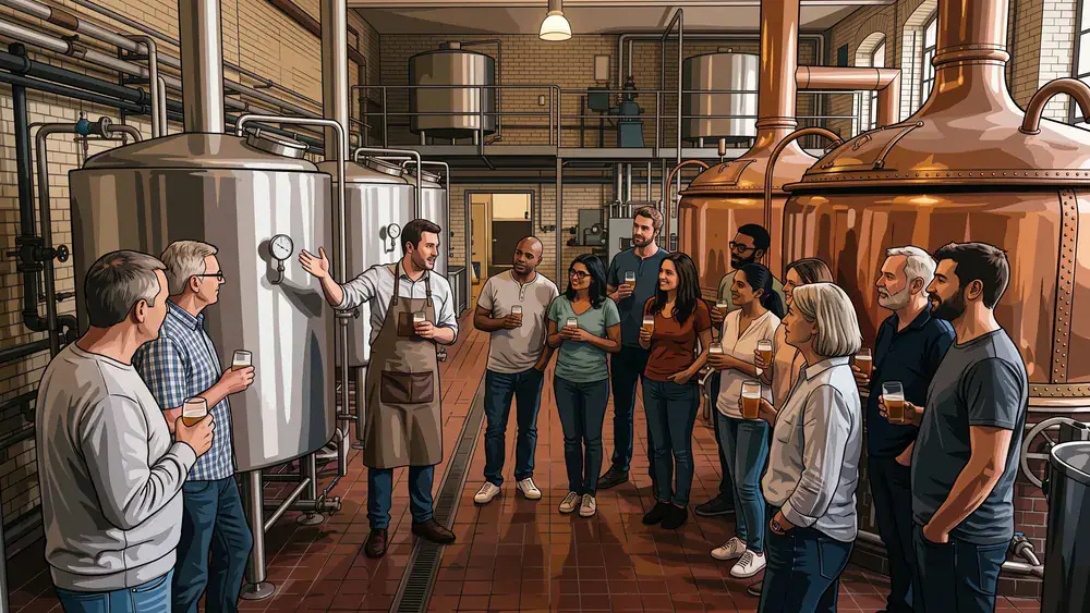 Brauereiführung in Hannover – Kollegen verkosten Bier vor Kupferkesseln in der Privatbrauerei Herrenhausen