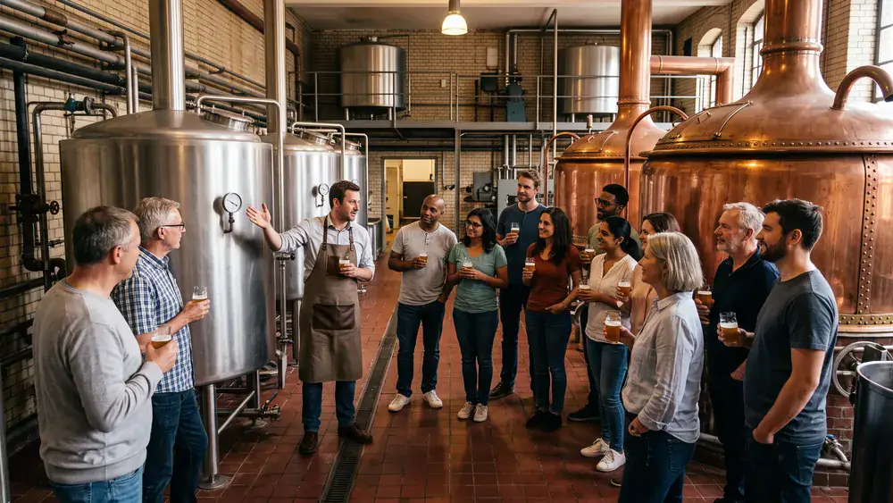 Brauereiführung in Hannover – Kollegen verkosten Bier vor Kupferkesseln in der Privatbrauerei Herrenhausen