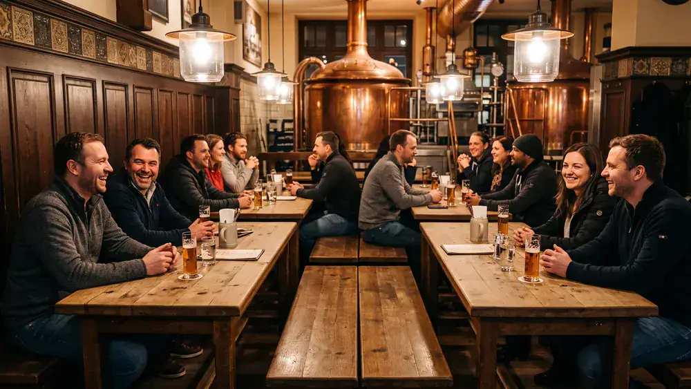 Brauhaus in Hannover – Kollegen trinken Hannöversch an langen Tischen im Brauhaus Ernst-August