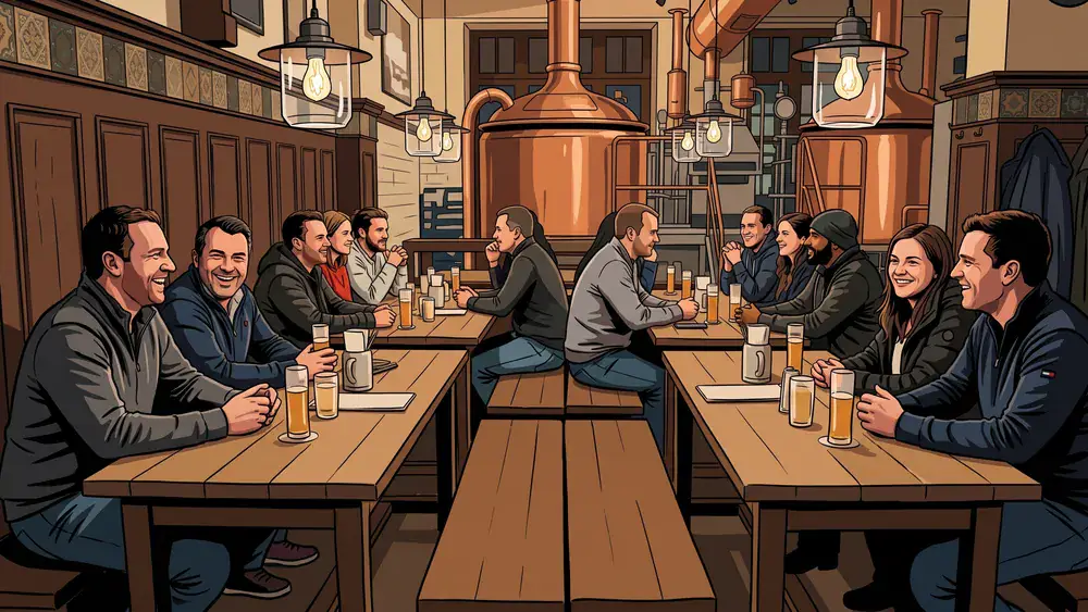 Brauhaus in Hannover – Kollegen trinken Hannöversch an langen Tischen im Brauhaus Ernst-August