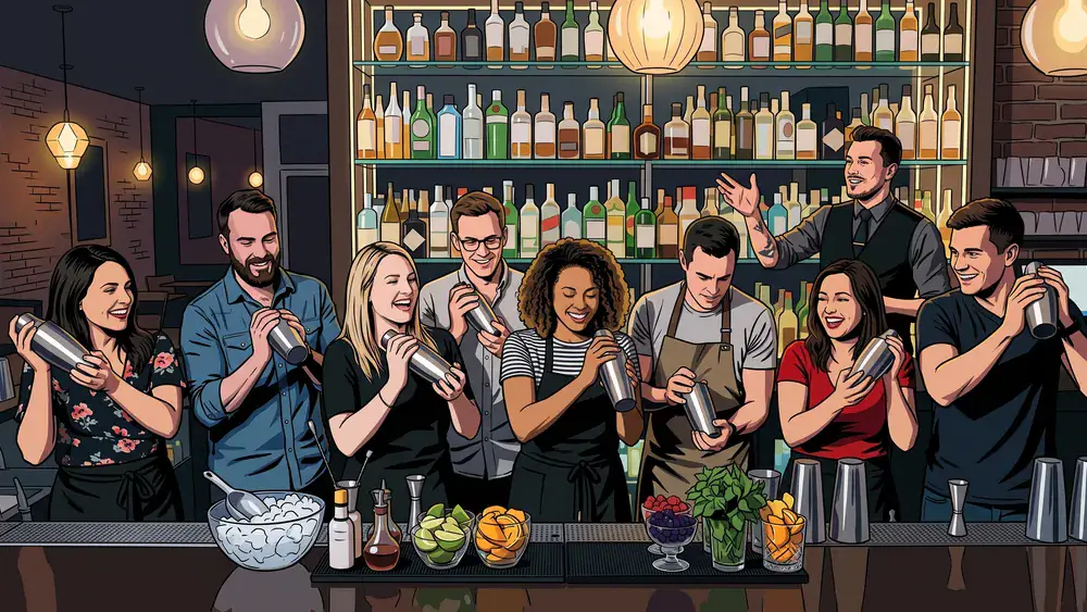 Cocktailkurs in Hannover – Kollegen mixen Cocktails an einer Bar unter Anleitung