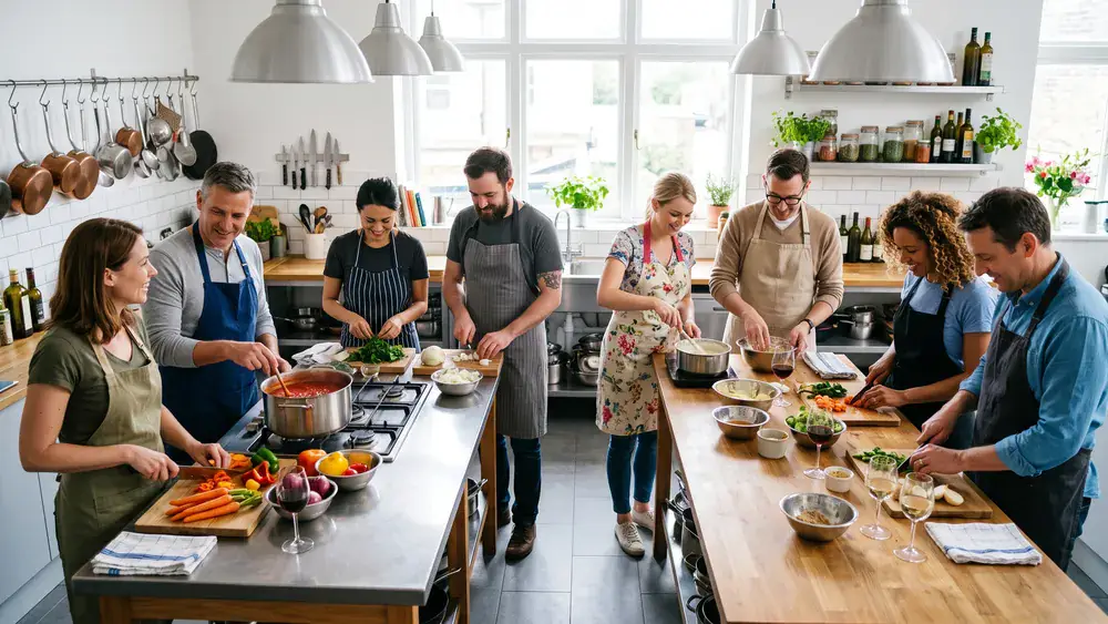 Kochkurs in Hannover – Kollegen kochen gemeinsam ihr Weihnachtsmenü in einer hellen Kochschule