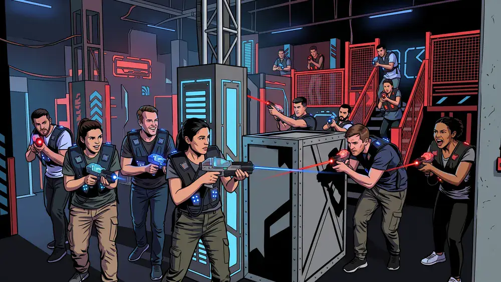 Lasertag in Hannover – Kollegen in tactical vests spielen in einer dunklen Neon-Arena