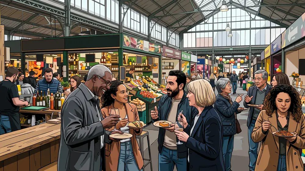 Markthalle in Hannover – Kollegen probieren Snacks an einem Stand unter dem Glasdach