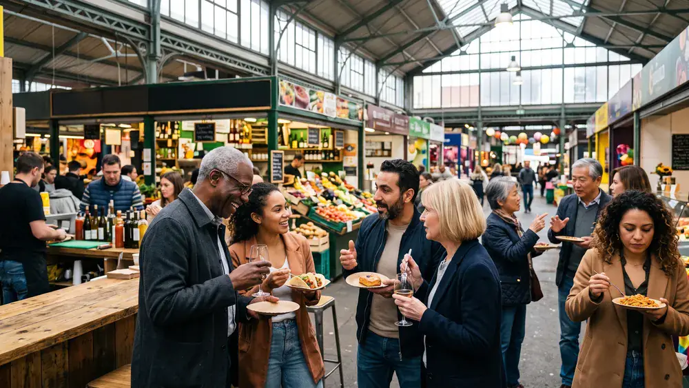Markthalle in Hannover – Kollegen probieren Snacks an einem Stand unter dem Glasdach