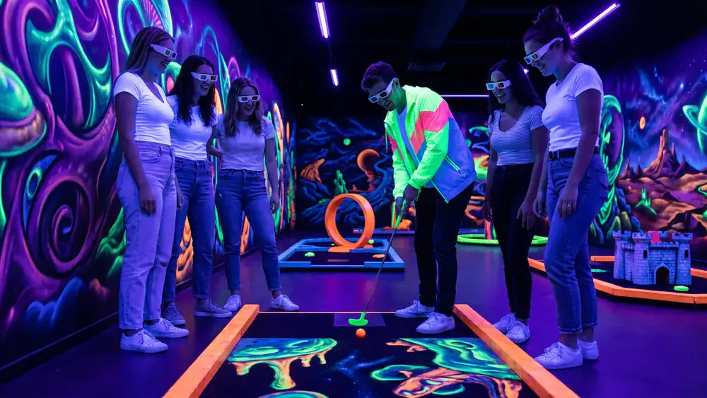 Schwarzlicht Minigolf in Hannover – Kollegen spielen mit 3D-Brillen Minigolf in leuchtender Neonwelt