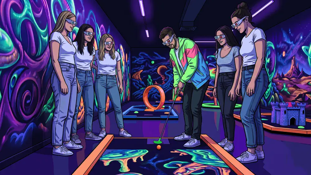 Schwarzlicht Minigolf in Hannover – Kollegen spielen mit 3D-Brillen Minigolf in leuchtender Neonwelt