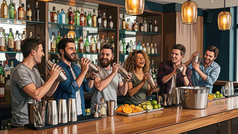 Cocktailkurs in Kassel - Erwachsene mixen gemeinsam Cocktails hinter der Bar