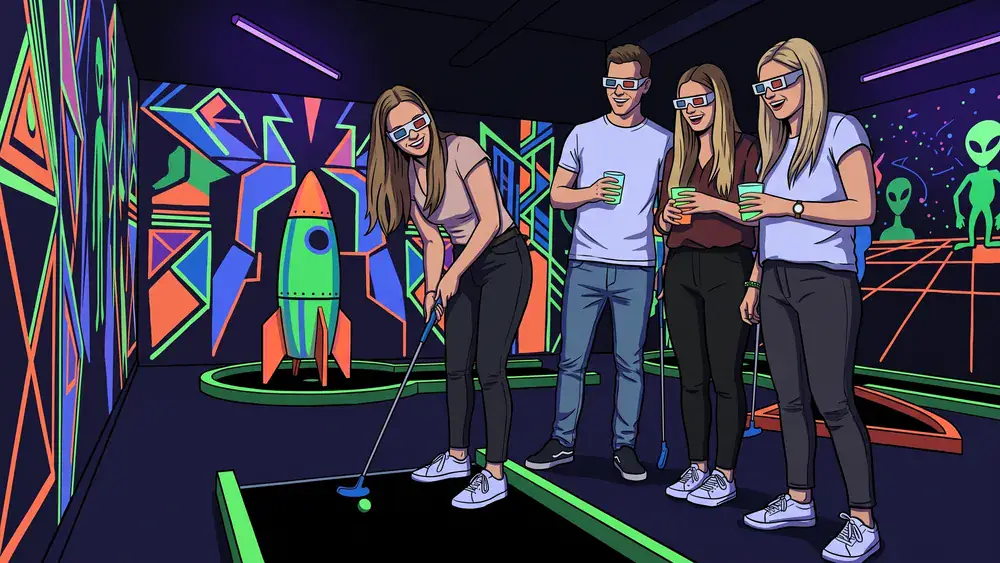NeonGolf bei funXperience Kassel - Erwachsene spielen Schwarzlicht-Minigolf mit 3D-Brille