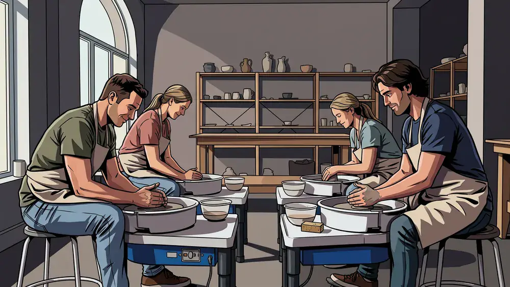 Töpfer-Workshop in Kassel - Erwachsene formen Ton an der Drehscheibe