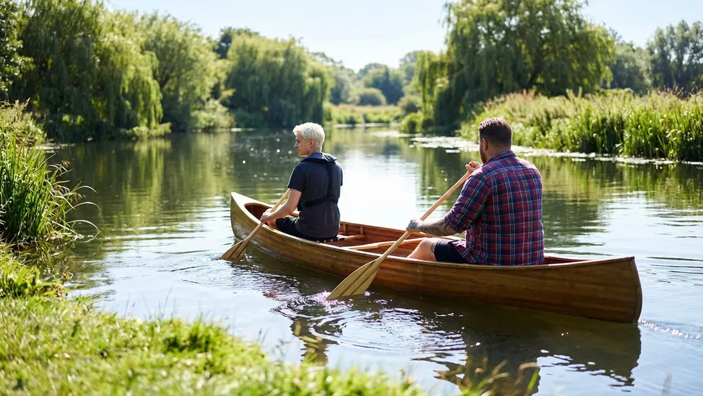 Kanufahrt auf der Fulda bei Kassel – zwei Personen paddeln auf dem Fluss